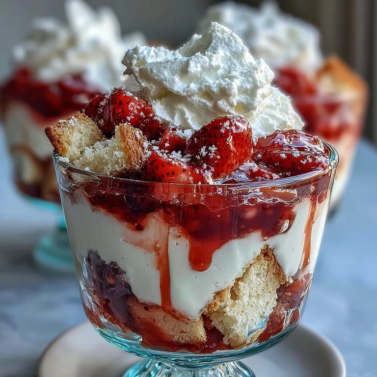 This stunning strawberry shortcake trifle features juicy berries, tender cake, and fluffy whipped cream in a clear dish.  