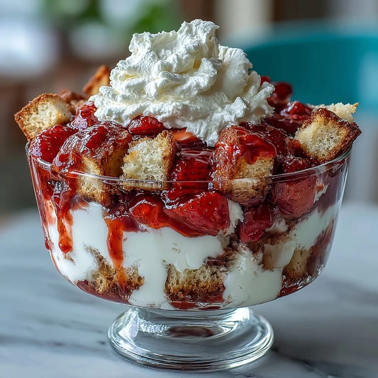 Elegant dessert with alternating layers of moist vanilla cake, sweet strawberries, and airy whipped cream in a trifle bowl.
