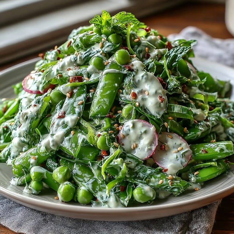 A colorful Snap Pea and Radish Spring Salad topped with crunchy sesame seeds.