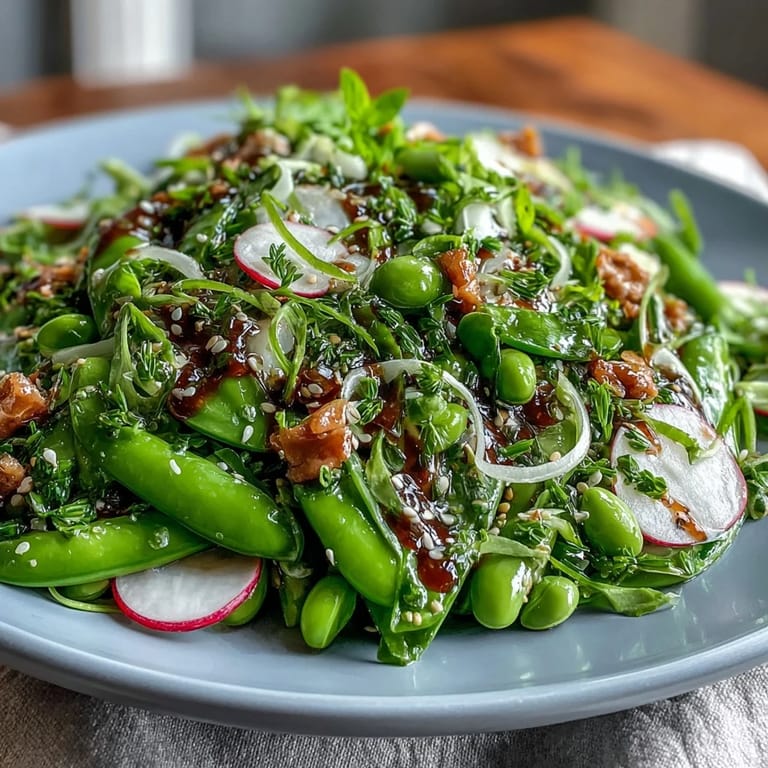 Vibrant Snap Pea and Radish Spring Salad with fresh herbs, ready to serve.