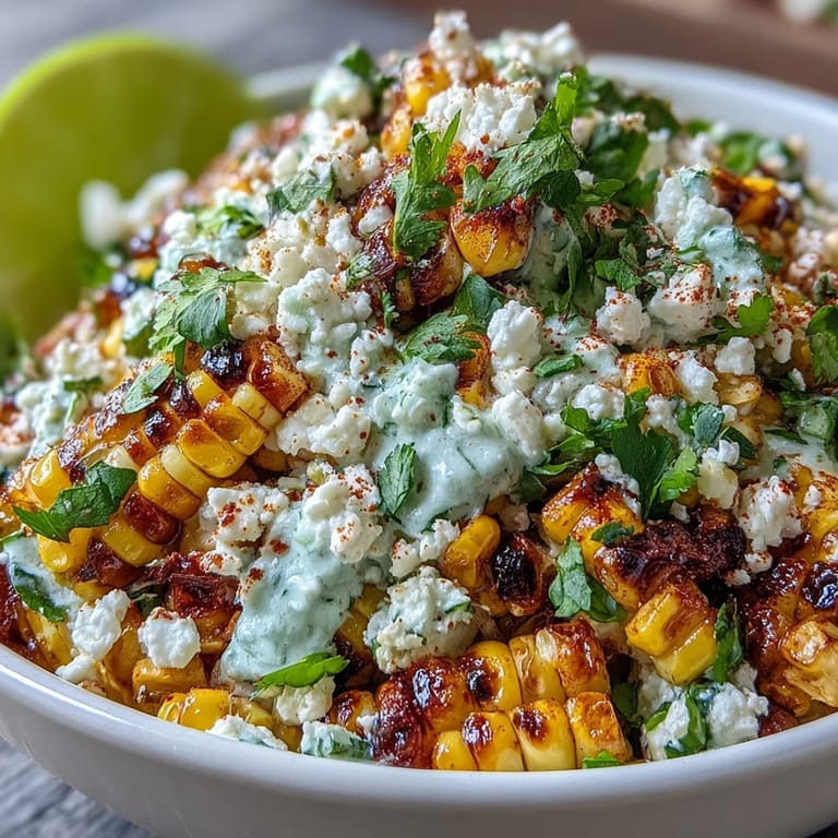 Creamy, tangy Mexican Street Corn Salad dish adorned with fresh, zesty goodness.
