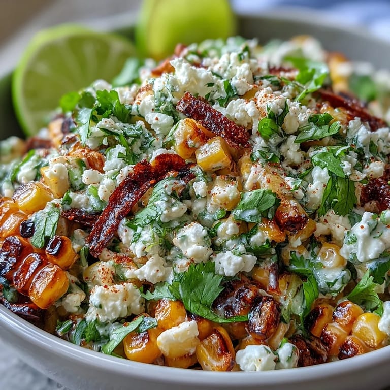 Delicious Mexican Street Corn Salad photo featuring grilled corn and crumbly cotija cheese.