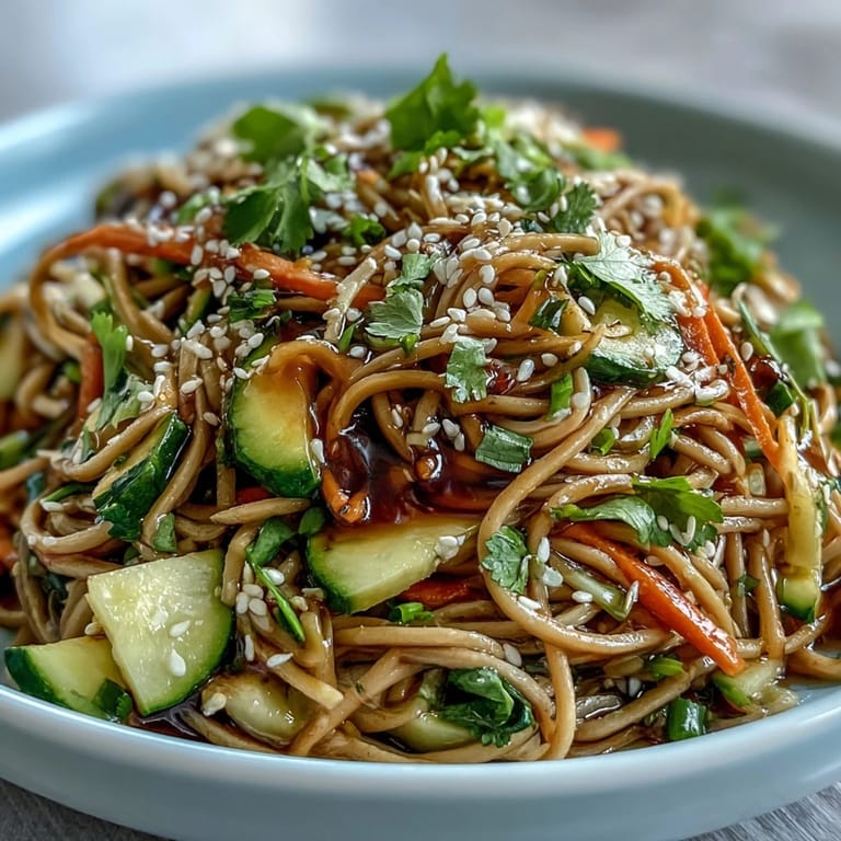 A refreshing soba noodle salad tossed with ginger dressing, ready to serve.