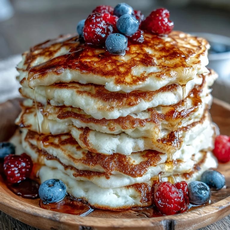 Fluffy Icelandic Skyr Pancakes, a protein-packed breakfast topped with fresh fruit.