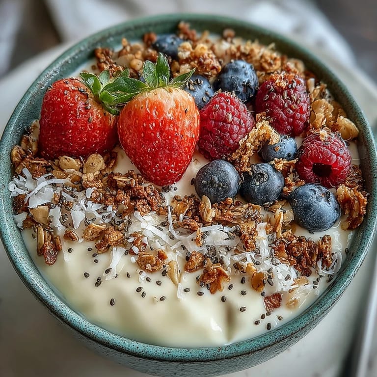 Enjoy this protein smoothie bowl, layered with crunchy granola and sweet, fresh berries.
