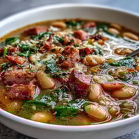 Hearty ham and cannellini bean stew with tender vegetables in a savory tomato broth.