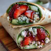 Fresh strawberry spinach wraps with creamy goat cheese crumble and balsamic glaze on whole wheat tortillas.