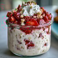 Strawberry Shortcake Overnight Oats with Vanilla and creamy Greek yogurt, layered with juicy strawberries and crunchy graham cracker topping for a dessert-inspired breakfast treat.