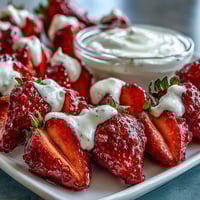 Galentines Leftover Strawberry Snack Board with Yogurt Dip - A colorful spread of juicy strawberries, creamy yogurt dip, and assorted dippers for a festive Galentine's celebration.