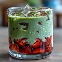 Strawberry Matcha Iced Latte with Oat Milk in two tall glasses, showcasing vibrant red strawberry puree layered beneath creamy green matcha and white oat milk, served over ice with a straw.