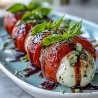 Picnic Caprese Skewers with Balsamic Drizzle: Colorful skewers with cherry tomatoes, mozzarella, and basil, drizzled with sweet balsamic glaze for a fresh appetizer.