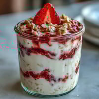 Fluffy yogurt overnight oats with strawberry swirl, creamy and layered with fresh berry sauce, perfect for a healthy breakfast.