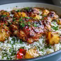 A vibrant one-pan pineapple chicken and rice bake with tender chicken thighs and juicy pineapple chunks, baked to perfection for an easy family dinner.
