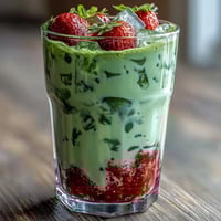 A vibrant dairy-free strawberry matcha latte with oat milk, featuring layers of sweet strawberry syrup, creamy oat milk, and earthy matcha.