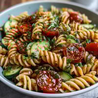 A vibrant lemon vinaigrette pasta salad with cucumbers, cherry tomatoes, and fresh herbs, perfect for summer meals.