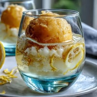 A bubbly Limoncello sorbet float with sparkling water, topped with lemon zest and fresh mint.