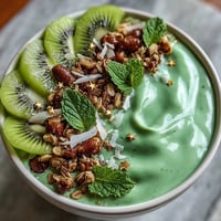 Creamy green shamrock protein smoothie bowl with spinach, avocado, and banana, topped with kiwi slices, granola, and festive gold stars.