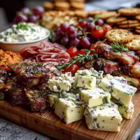 Vibrant charcuterie board with cured meats, cheeses, dips, and fresh produce for a housewarming party.  