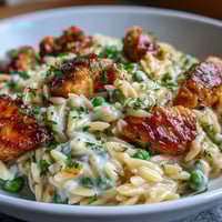 One-Pot Lemon Orzo with Chicken and Peas: creamy orzo, tender chicken, bright lemon, and fresh peas.