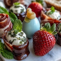 Festive Spring Charcuterie board bursts with colorful fruits, cheeses, and bunny treats.
