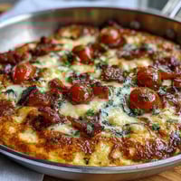 Golden brown One-Pan Ham and Swiss Frittata, stuffed with veggies and cheese.