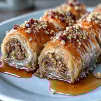 Crispy pistachio baklava rolls with golden phyllo, drizzled with fragrant orange blossom syrup and sprinkled with chopped nuts.