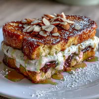 Decadent almond croissant French toast with golden brioche slices soaked in almond cream and topped with toasted sliced almonds.  