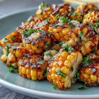 Golden grilled corn sits on a platter with four colorful bowls of herbed butter.