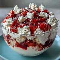A beautiful glass trifle layered with vanilla cake cubes, fresh strawberries, and whipped cream.  