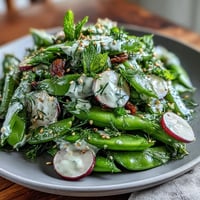 Crisp Snap Pea and Radish Spring Salad glistening with creamy tahini dressing.
