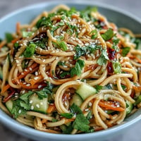 Chilled soba noodle salad with sesame ginger dressing, colorful and crisp.