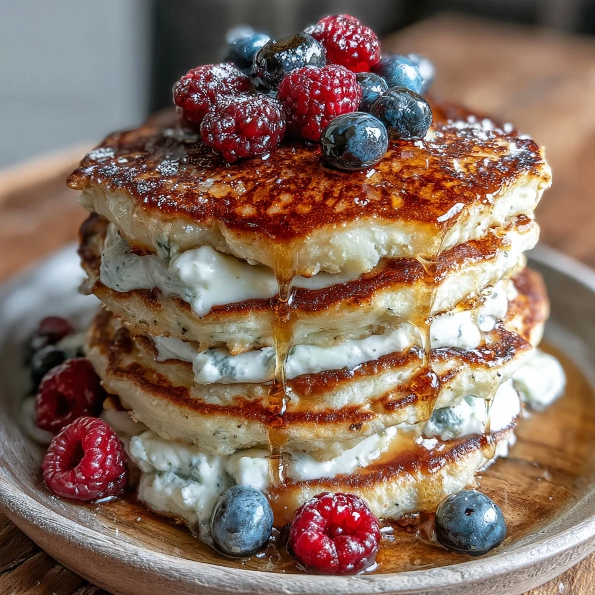 Golden Icelandic Skyr Pancakes, fluffy and stacked high with berries and syrup.