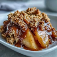 Warm Father's Day Whiskey Caramel Apple Crisp with golden crumble topping.