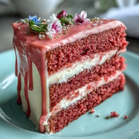 Elegant pink Rosé Velvet Cake with beautiful gold drip frosting.